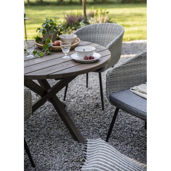 Utegruppe Aster: Scottsdale rundt brunt spisebord 112 cm inkludert 4 Aster lenestoler i gr syntetisk rotting