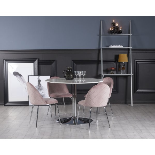 Plaza spisegruppe, marmorbord med 4 st Plaza flyelstoler - Rosa/Hvit/Krom