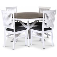 Skagen spisegruppe; rundt spisebord Ø120 cm - Hvit / brunoljet eik med 4 Fårö stoler (Ribber i ryggen) med grått stoffsete